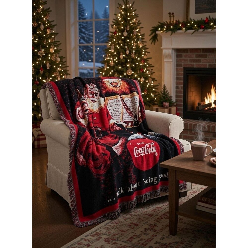 Vintage 1994 Coca Cola Santa Clause Christmas Holiday Woven Fringe Throw Blanket